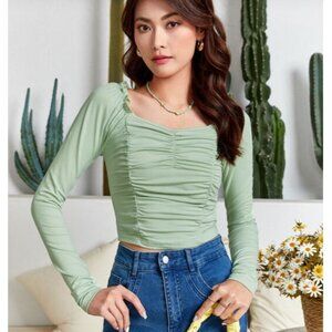SHEIN Sweetheart Neck Frill Trim Ruched Top in Mint Green - Size S
